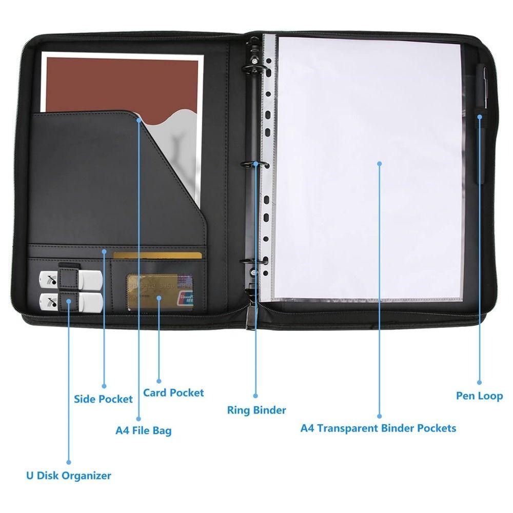 With Zipper A4 Document Binder Organizer Leather Document Holder Multi-function Storage Pockets