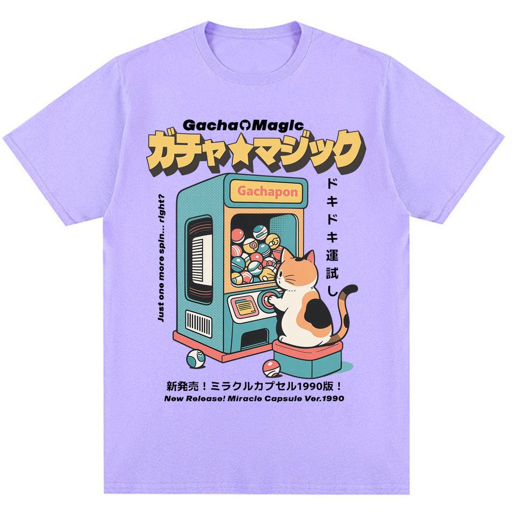 Japanese Style Cat Gashapon Toy Capsule Print T Shirt Harajuku Vintage Fashion T Shirts Men Women Oversized Cotton Casual Tees