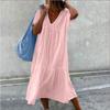 Summer Short Sleeve V Neck Loose Women Dress Elegant Fashion Solid Color Casual Simple A-line Party Long Dress Basic Women's Clothing
