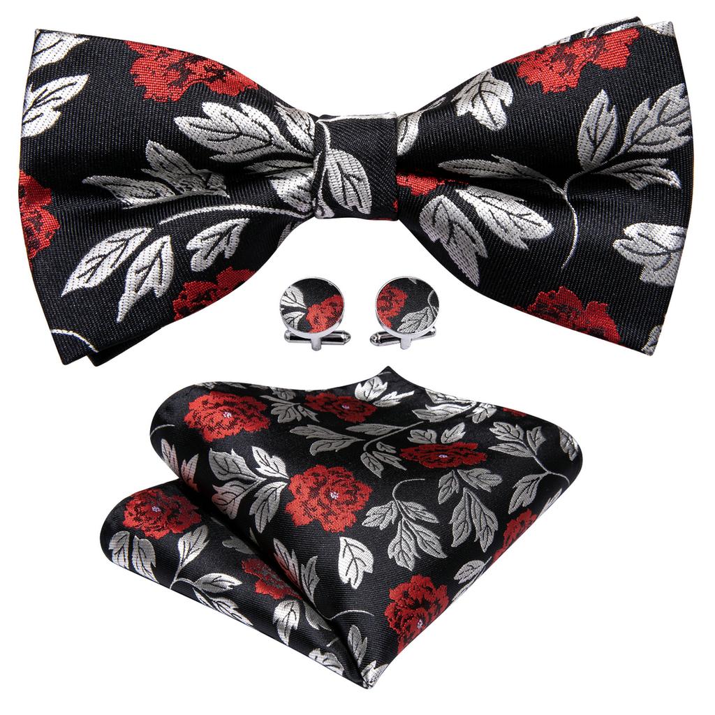 Barry.Wang Men Cravat Ties Jacquare Paisley/Floral/Striped Bow Tie Hanky Cufflinks Set Formal Casual