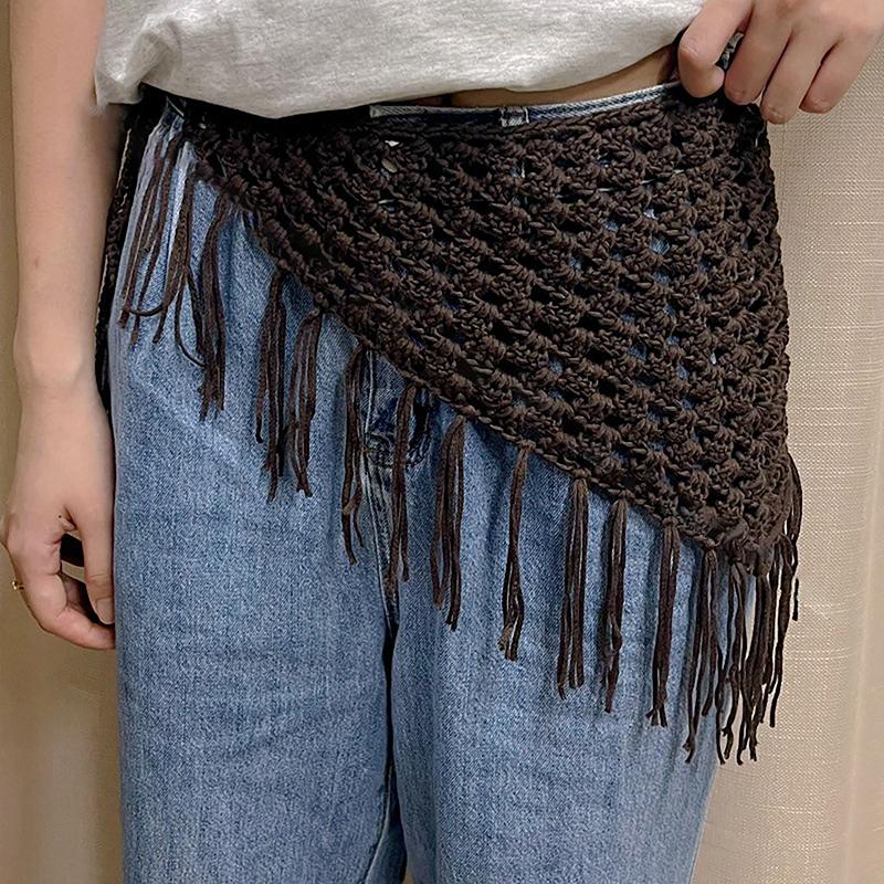 Y2K Ажурный шарф-треугольник с бахромой для женщин Весенний регулируемый многослойный аксессуар Универсальная повязка на талию/бедра Бандана