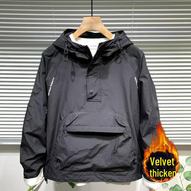 Мужская весенняя рабочая куртка с капюшоном и большим карманом на молнии - повседневный свободный модный пуловер