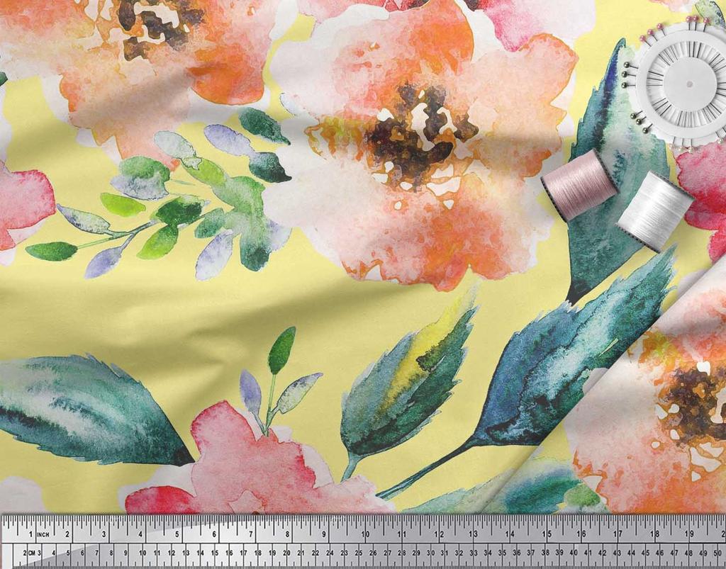 Soimoi Японский креп-атласная ткань с цветами и листьями, акварельный принт, швейная ткань, метр 42 дюйма