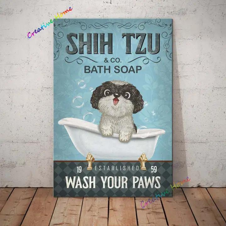 Металлическая жестяная вывеска для домашних животных, ши-тцу, мыло для мытья лап, печатный плакат, ванная комната, туалет, гостиная, домашний художественный декор стены