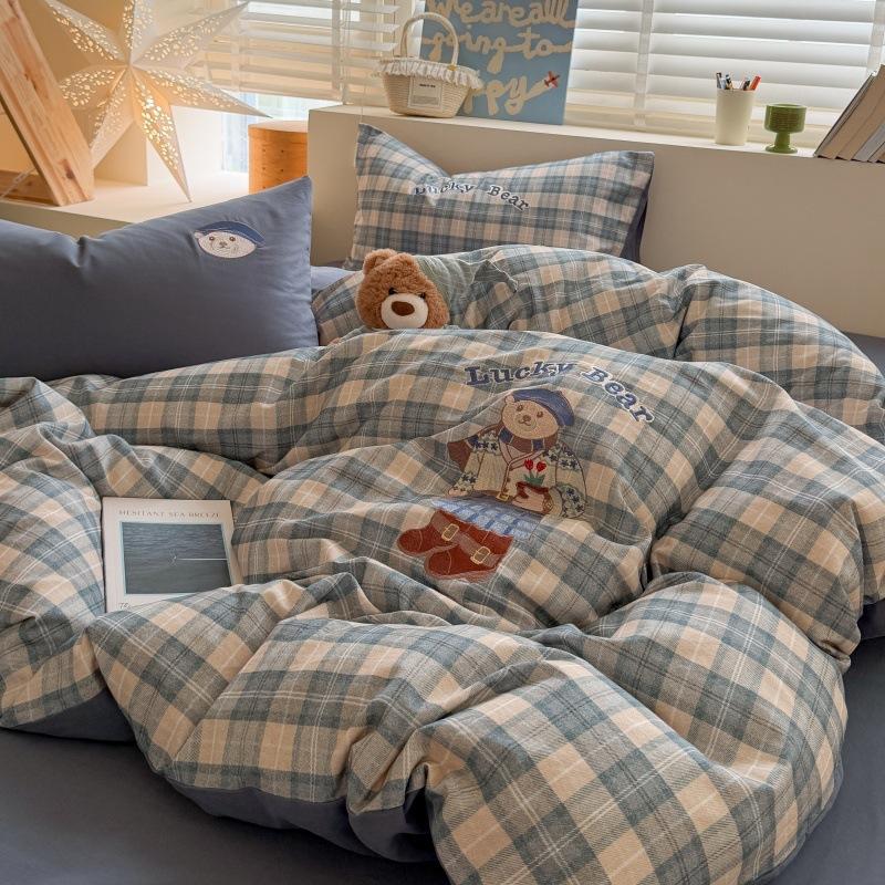 Plaid Cotton Embroidery Abrasion Four Kits Autumn And Winter Warm Sheets, Quilt Covers, Bed Hats, Pure Cotton Home High-End Bedding