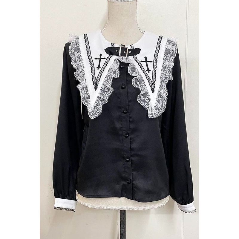 Victorian Gothic Lolita Blouses Japanese Sweet Lace Ruffles Embroidery Sailor Collar Shirt Women Punk Style Y2k Long Sleeve Tops