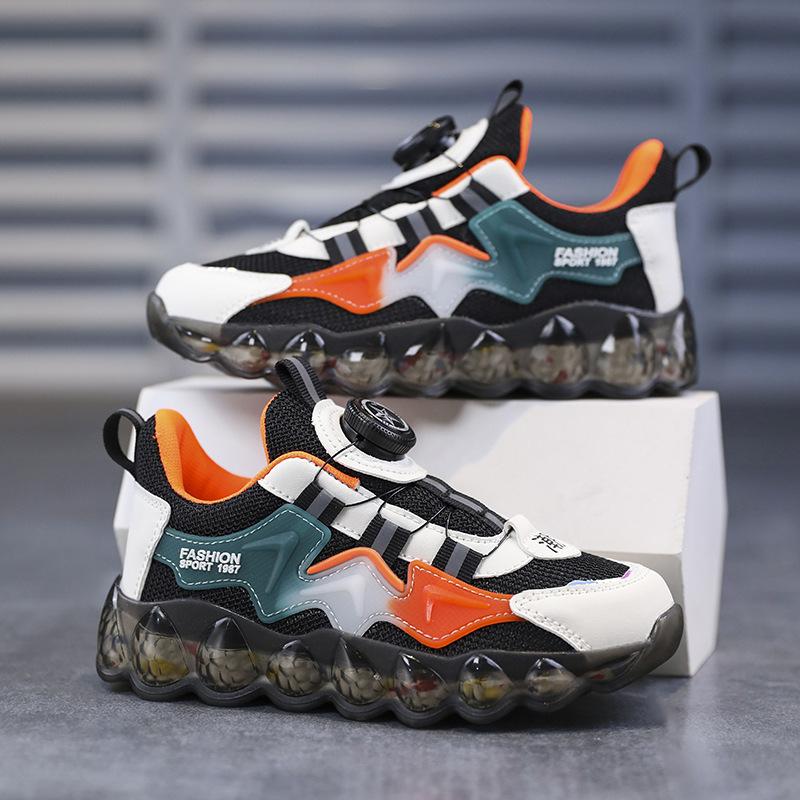 Детская спортивная обувь, вращающиеся пуговицы, обувь для больших мальчиков, кроссовки с мягкой подошвой, баскетбольные кроссовки с сеткой, детская обувь в модном стиле