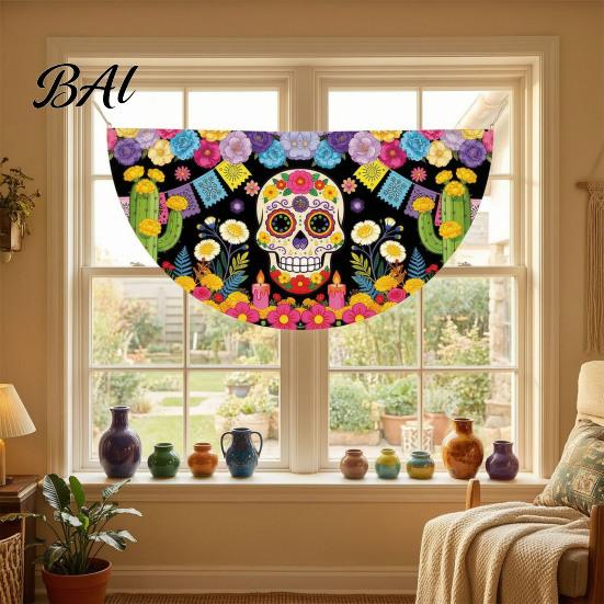 Sugar Skull Fan Flag Day of The Dead Bunting Banner, Marigold Print Fiesta Mexican Festival Home Ornament Hanging Flag, Colorful Outdoor Yard