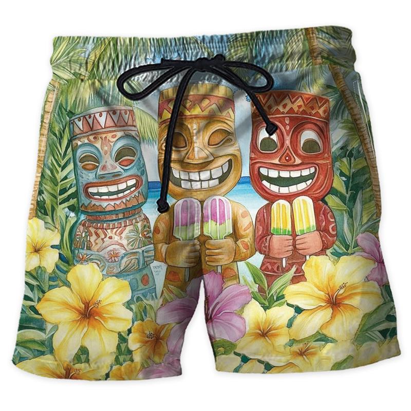 Fashion Tiki Graphic Beach Shorts For Men Summer Casual Holiday Vacation 3D Printed Short Pants Loose Harajuku Kids Swim Trunks