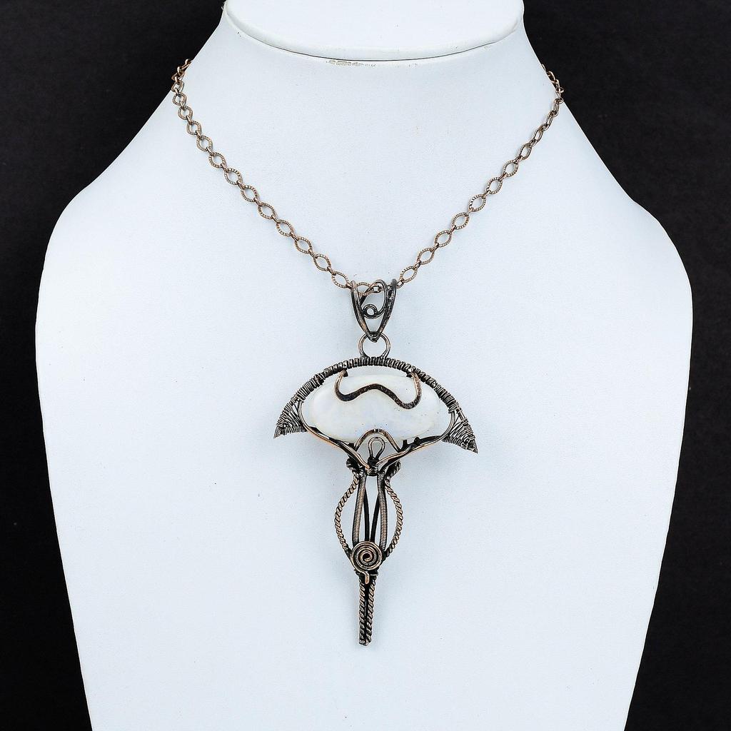 Подвеска с радужным лунным камнем, подвеска из медной проволоки, изящная подвеска, подвеска с драгоценным камнем, подвеска ручной работы, красивое медное ювелирное украшение, подарок для нее