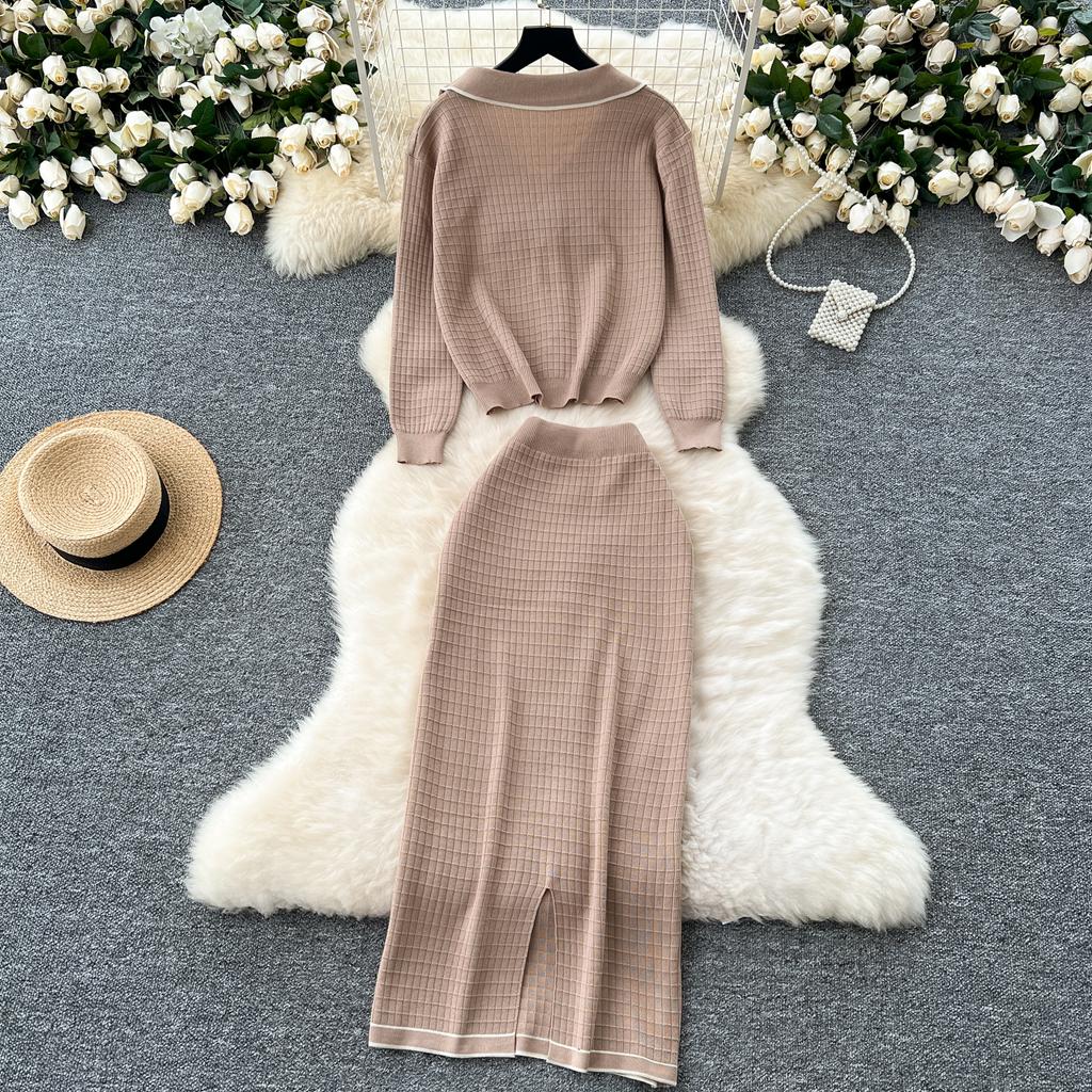 Simple Luxury Premium Solid Color Set Autumn/Winter Knitted Set Women's Polo Loose Shirt Coat+High Waist Skirt Two Piece Sets