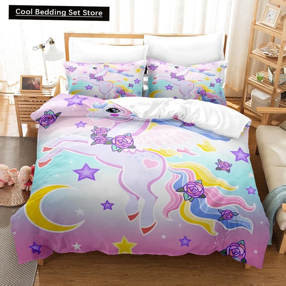 Комплект постельного белья Rainbow Unicorn Kawaii с изображением мультяшных животных для детей и девочек, 2/3 шт., односпальный, двуспальный, двуспальный, комплект пододеяльников размера Queen