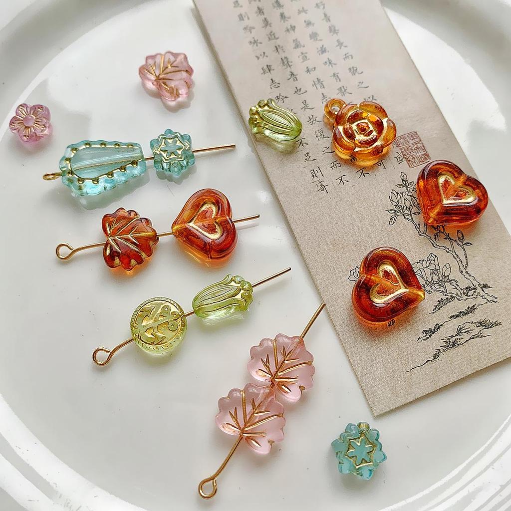 50g Mixed Vintage Gilt Czech Acrylic Beads: Amber, Powder Blue, Butterfly, Heart for DIY Beading