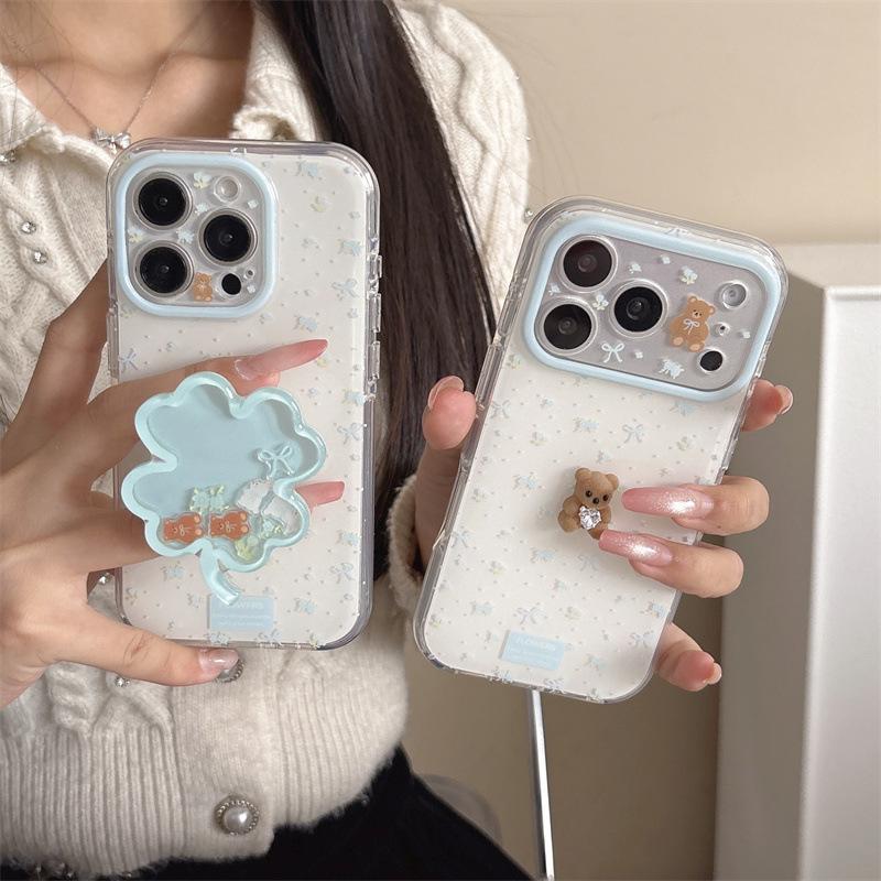Korean Style Blue Floral 3D Little Bear Compatible Phone Case for iPhone 17/16 Pro Max/15 Pro