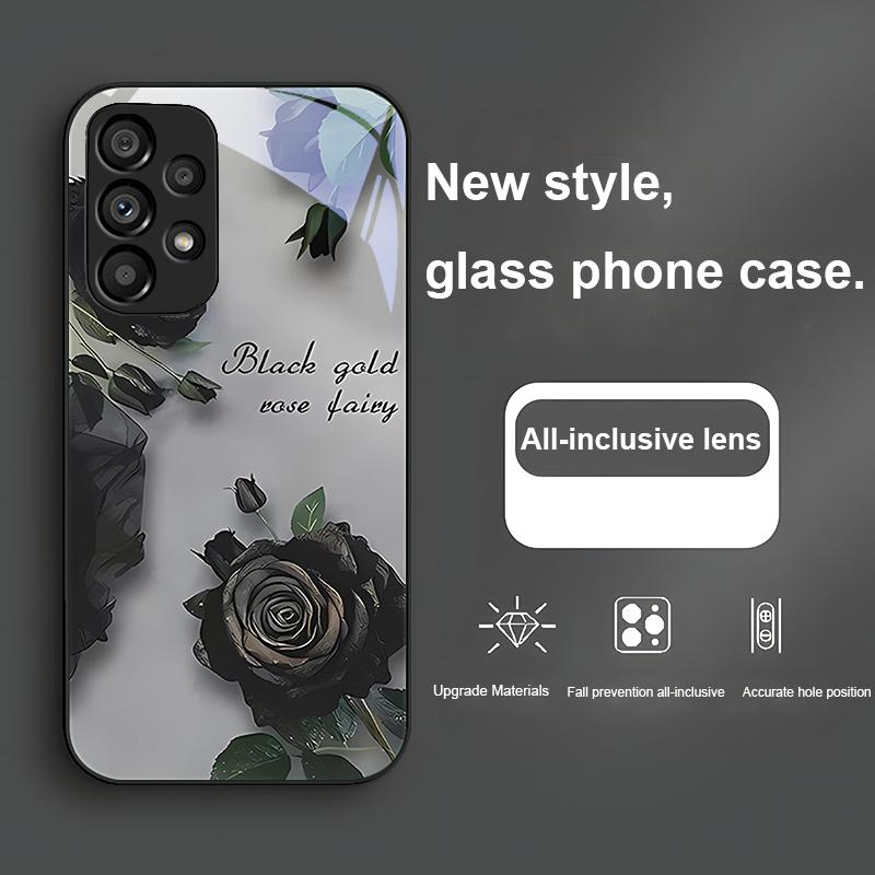 Горячее тиснение Роза Черный Для Samsung Galaxy S24 Plus S20 21 FE S23 Ultra S8 9 A70 72 73 50 51 52 53 Закаленное стекло Чехол для телефона