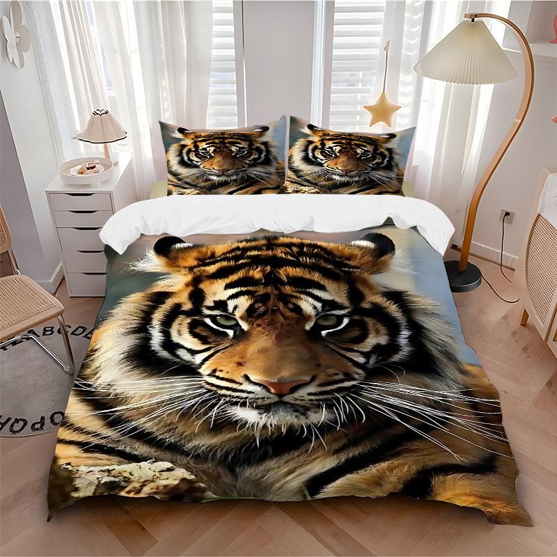 3PCs Tiger Print Design Cover Set, Breathable Fabric, Machine Washable (1 Duvet Cover + 2 Pillowcases) (Without Quilt) yy250911088