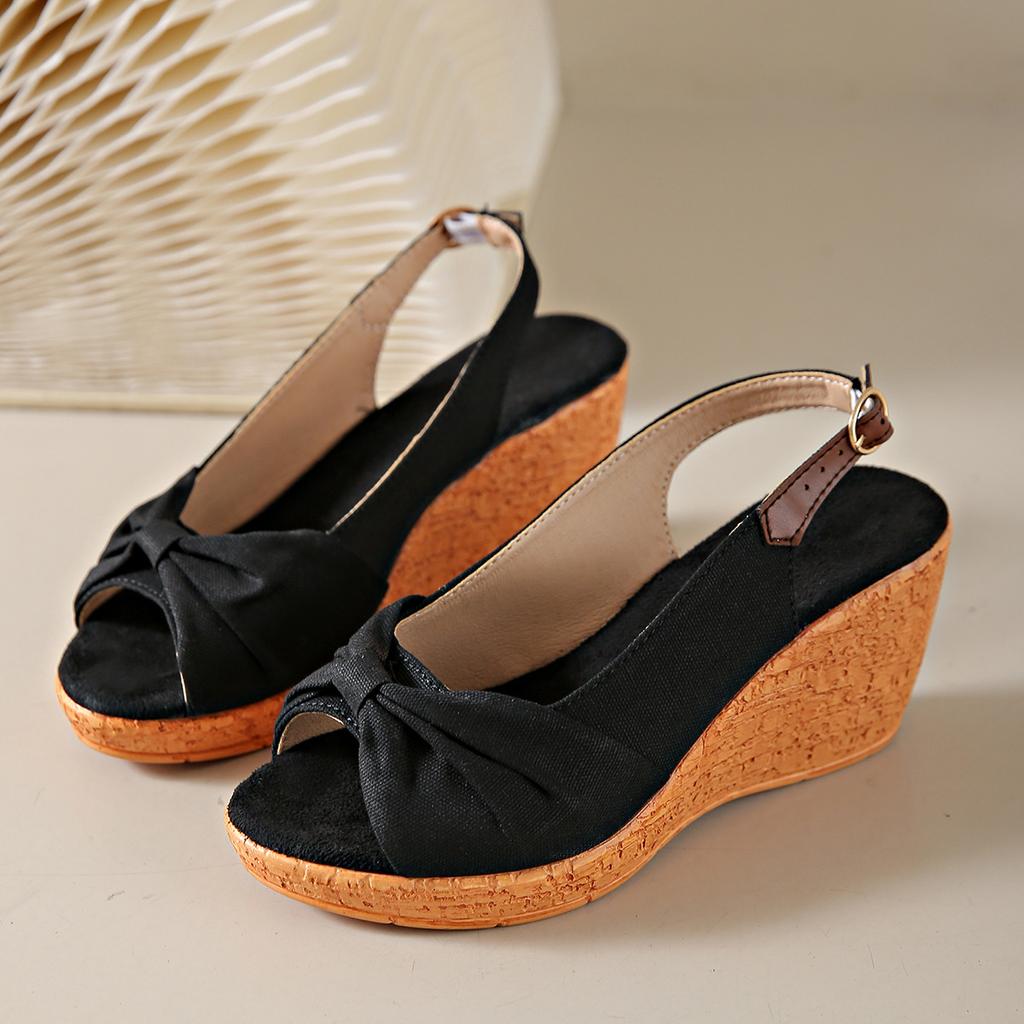 Summer New Wedge Heel Platform Sandals Solid Color Fish Mouth Suede Sweet Bow Sandals