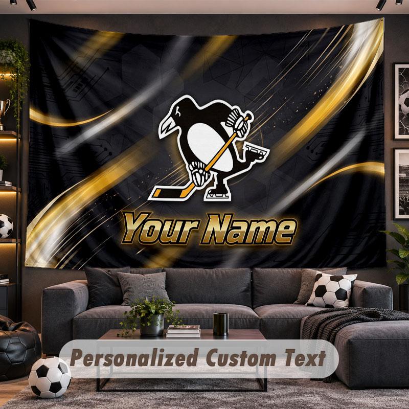 Wall Hanging Tapestry Custom NamePittsburgh Penguins Pattern Personalized Printed Fabric Wall Decor
