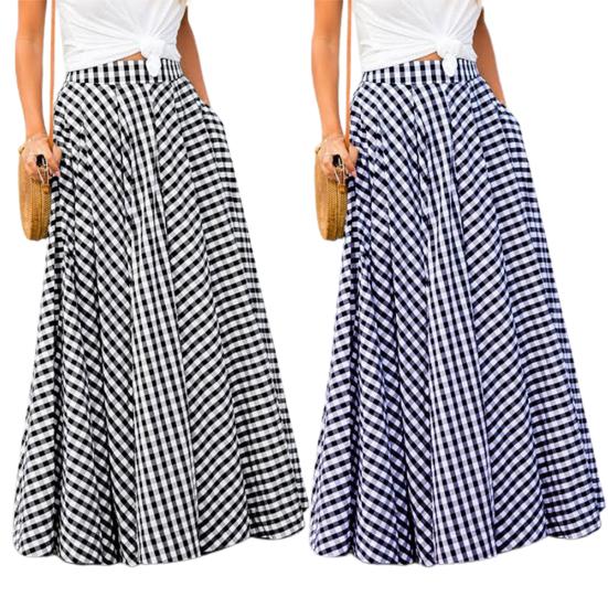 Женская макси-юбка в клетку с талией и карманами, юбка-трапеция с принтом, эластичная юбка в стиле ретро с высоким и большим подолом, уличная одежда