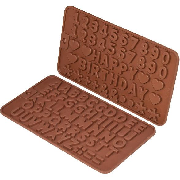 Silicone Letter Number Molds,Reble Chocolate Molds with Happy Birthday Cake Decorating Symbols(Brown 2pcs)