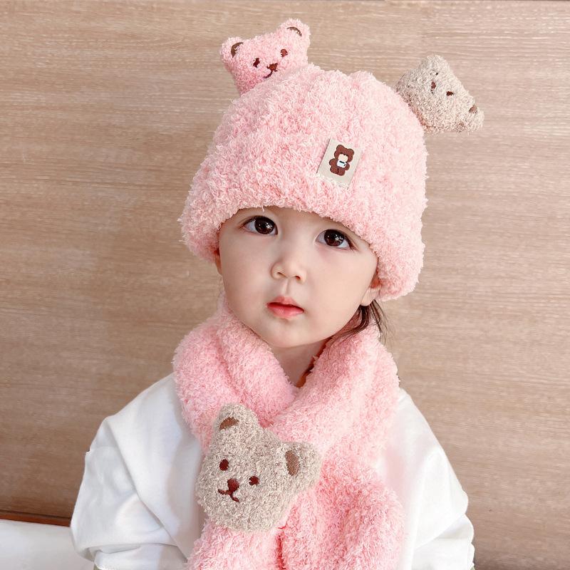 Children's Warm Bear Scarf Knitted Hat Autumn/Winter Girls' Two-piece Set with Fleece Hat