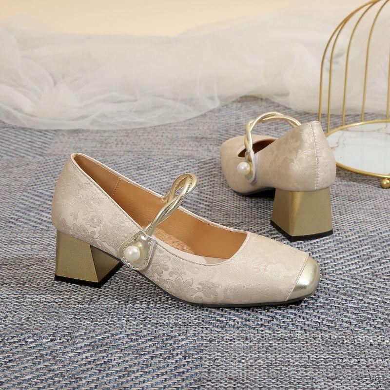 Квадратный носок толстый каблук национальный стиль принт одно слово с универсальными одинарными туфлями мода французские Мэри Джейн высокие каблуки летние новые модели