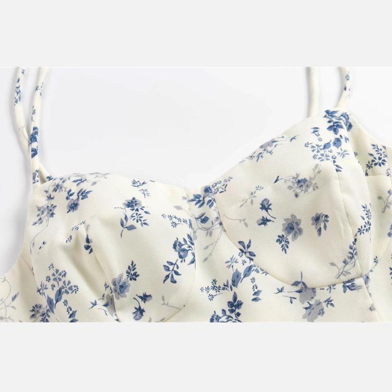 YPFF Summer French-Style Petite High Waist Floral Camisole Dress with Tie Shoulders