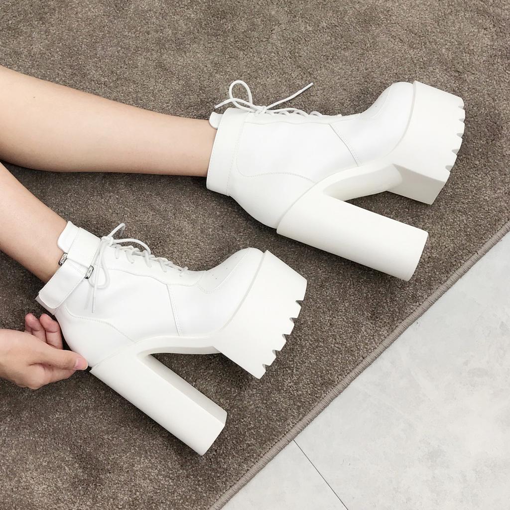 Fashion Black Platform Boots Women Zipper Autumn High Heels Shoes Lace Up Ankle Boots Russian Shoes