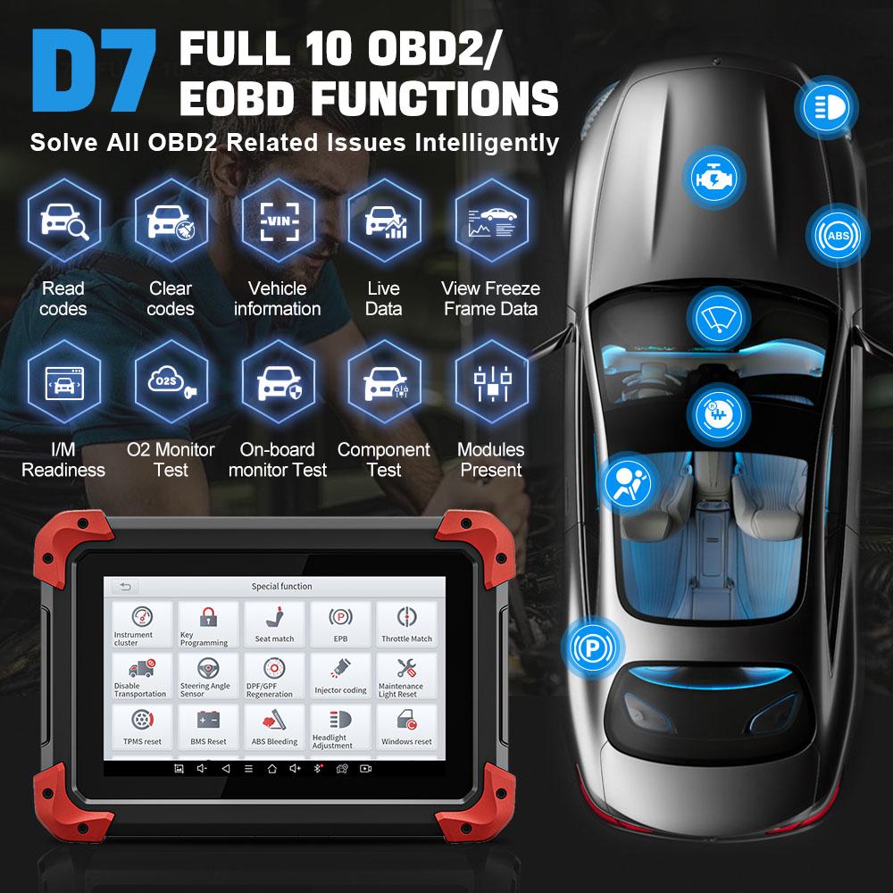 Сканер XTOOL D7 OBD2: Инструмент для диагностики всех систем автомобиля, упрощающий техническое обслуживание транспортного средства.