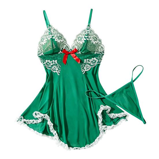 Plus Size Sexy Babydoll Nightdress for Women, V Neck Lace Sheer Mesh Nightgown, Spaghetti Strap Chemise Slip Dress with Thong