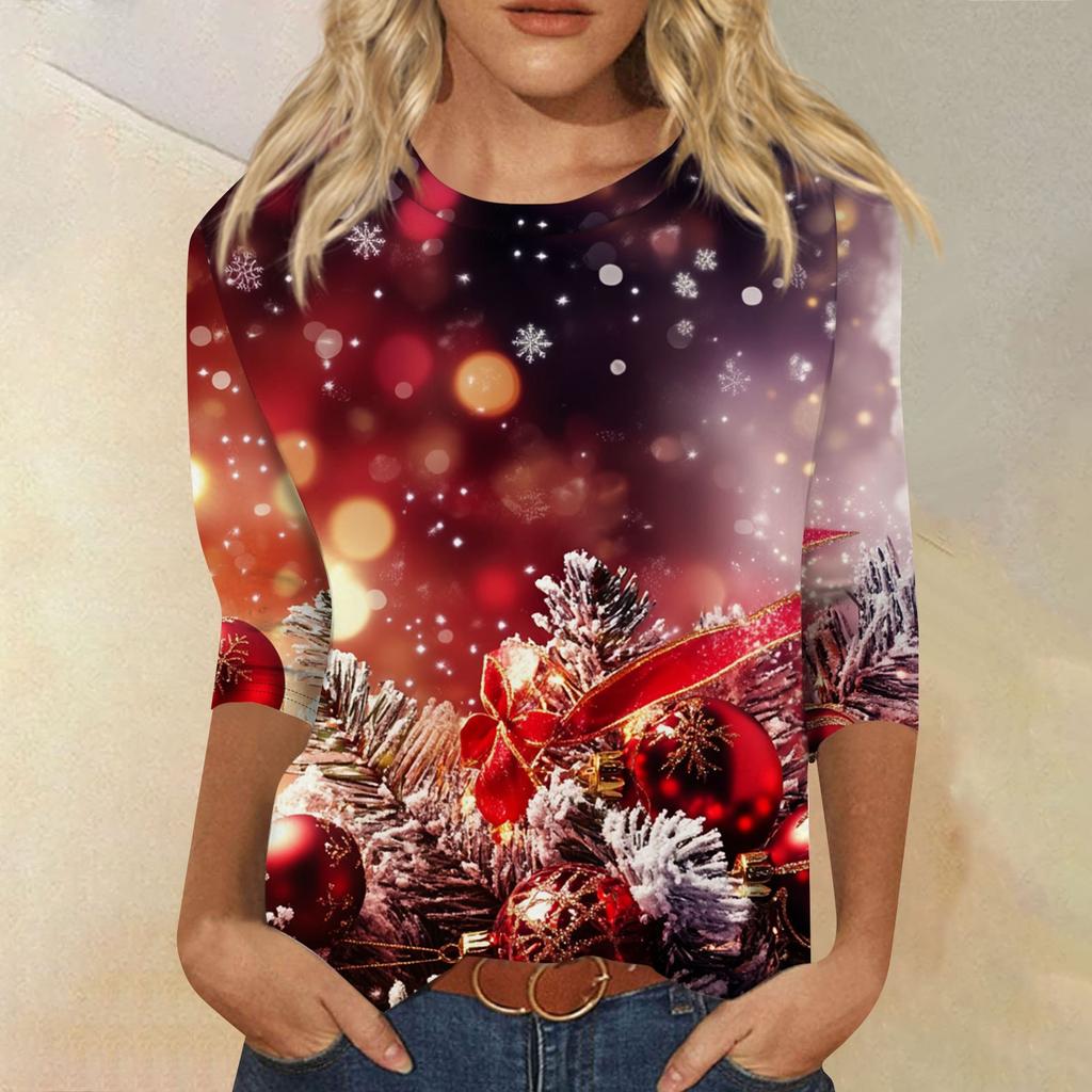 Women's Fashion Casual Seven Sleeve Christmas Printed Round Neck Top