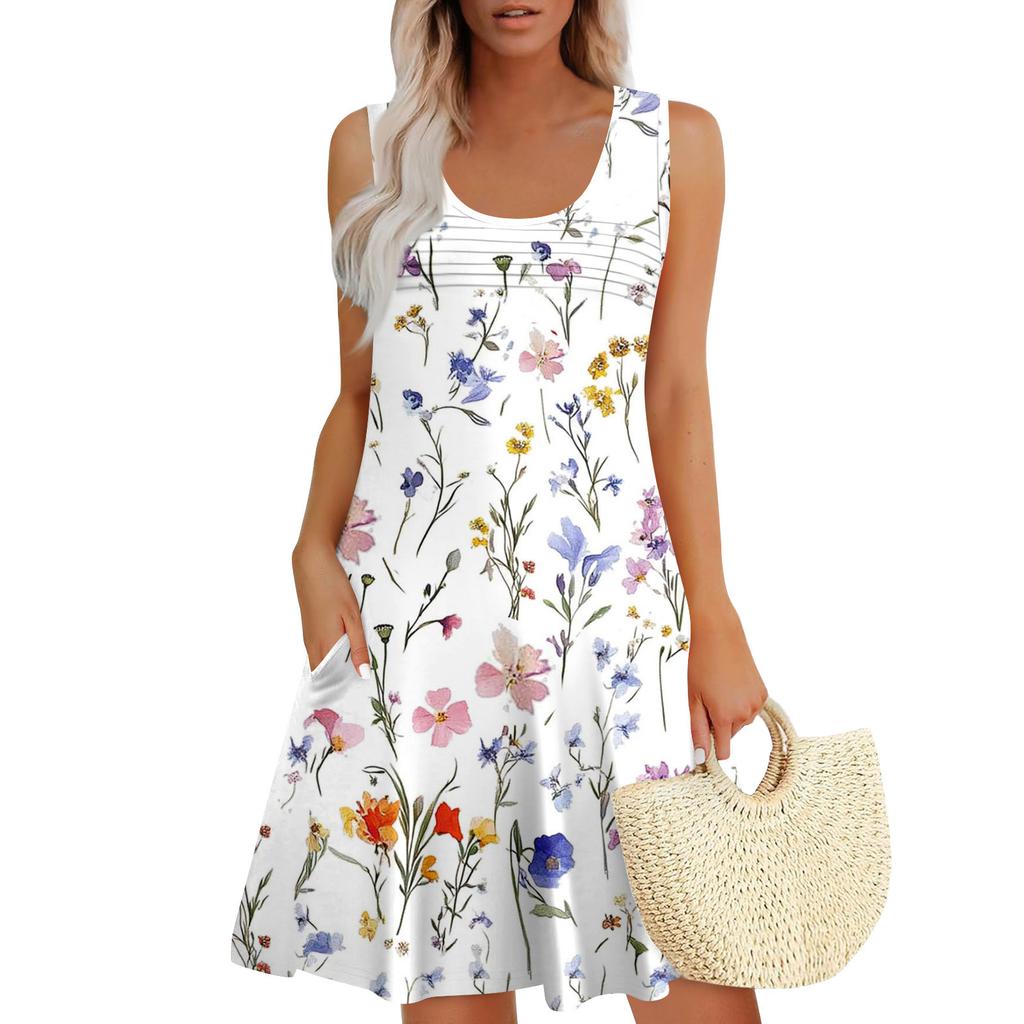 Womens Summer Dresses Loose U Neck Sleeveless Sundresses Dress With Pockets
