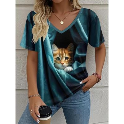 2025 Новая футболка с V-образным вырезом для женщин с кошкой, Летняя уличная мода, Топы с коротким рукавом, Принты с животными, Одежда для женщин размера оверсайз