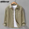 Повседневные рубашки для мужчин в стиле ретро с длинным рукавом, однотонная рубашка из чистого хлопка с отложным воротником и карманом