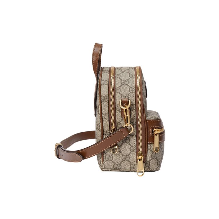 Gucci Мини-рюкзак GG Supreme, Бежевый холст Эбони с отделкой из коричневой кожи, Золотая фурнитура, Мужские рюкзаки для ежедневных покупок, путешествий 725654-92TCG-8563
