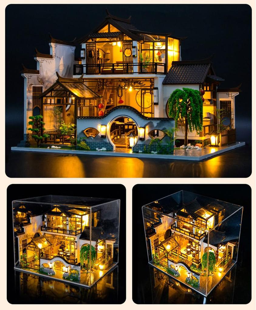 moin moin Dollhouse Miniature Handmade Kit Set Chinese Style Chinese Villa Bonsai Pond Garden LED Light Acrylic Case Music Box 2402dh414 1/24