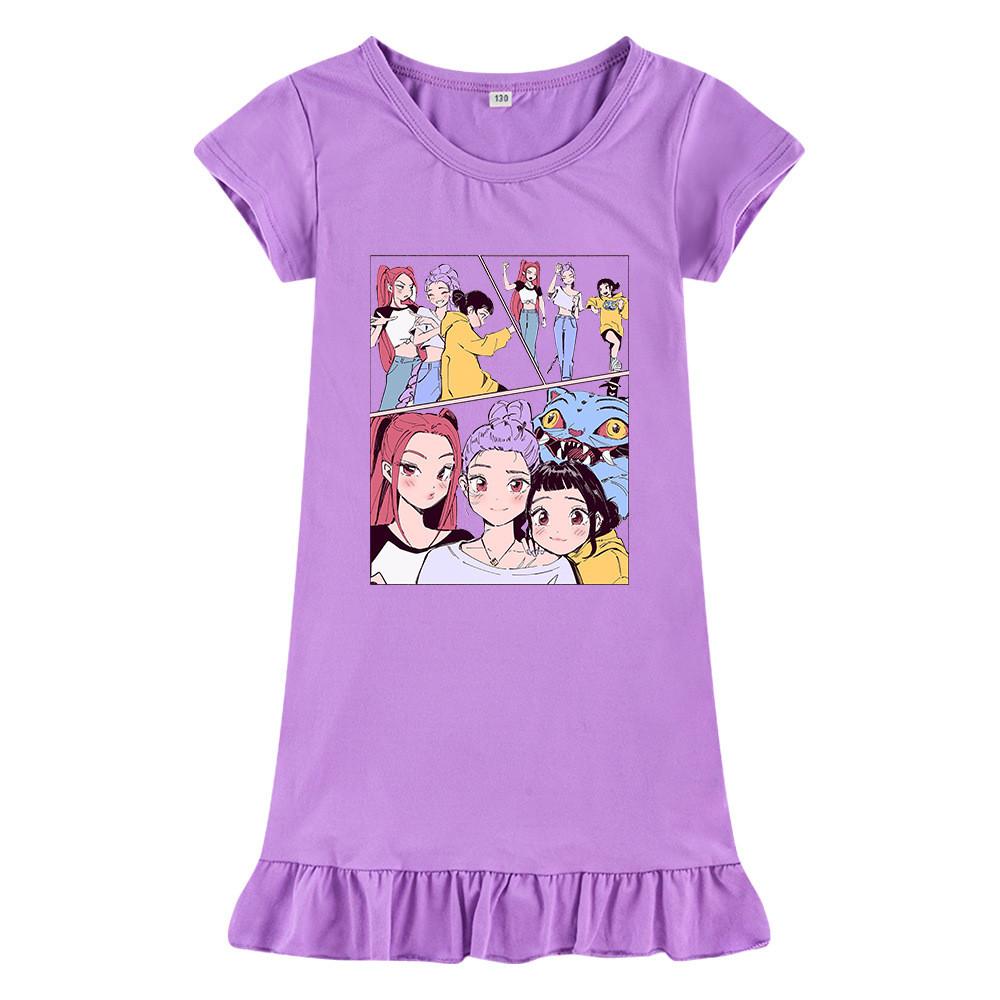 M1238 Kids Girls Kpop Rumi Zoey Mira Print Short Sleeves Ruffle Dress