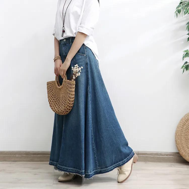 Длинная джинсовая юбка больших размеров, женская осенняя тонкая драпировка, полудлинная юбка-зонтик А-силуэта с высокой талией