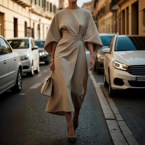 Lady Midi Dress Three Quarter Dolman Sleeves Slim High Waist Solid Color Round Neck Long Dress Summer Spring Prom Party Dating Dress