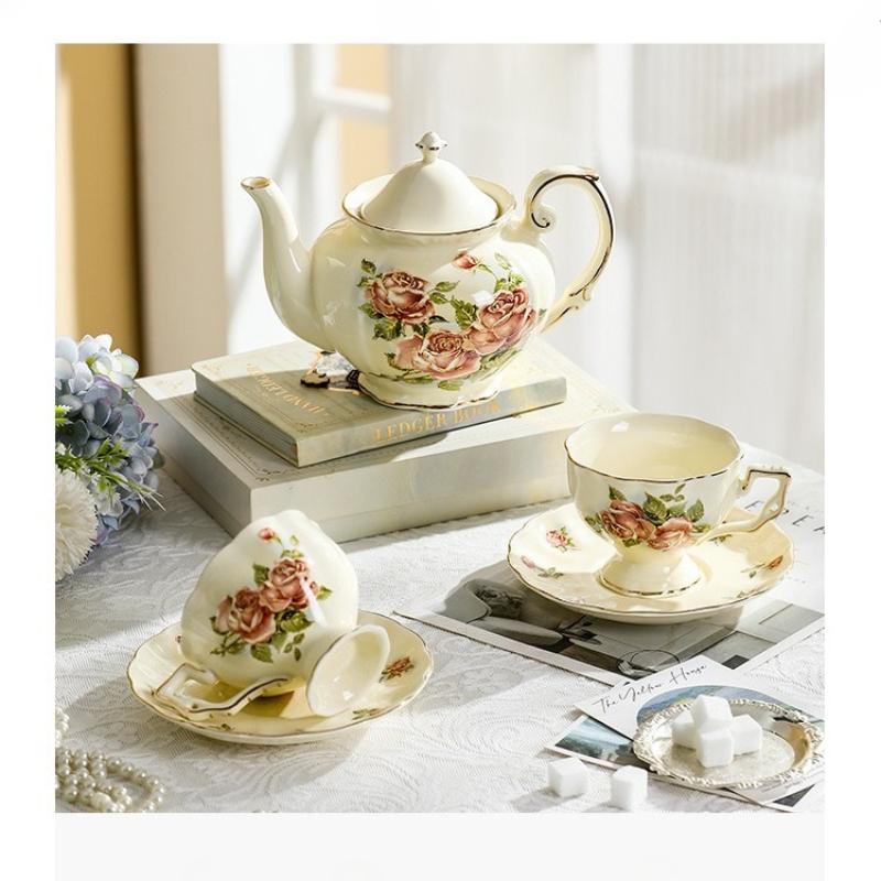 Retro Rose Flower Coffee Cup and Saucer Set- Ceramic Teapot and Tea Cup with Gold Trim, Suitable for Tea Party Gifts ( 2 Cup and 1 Teapot)