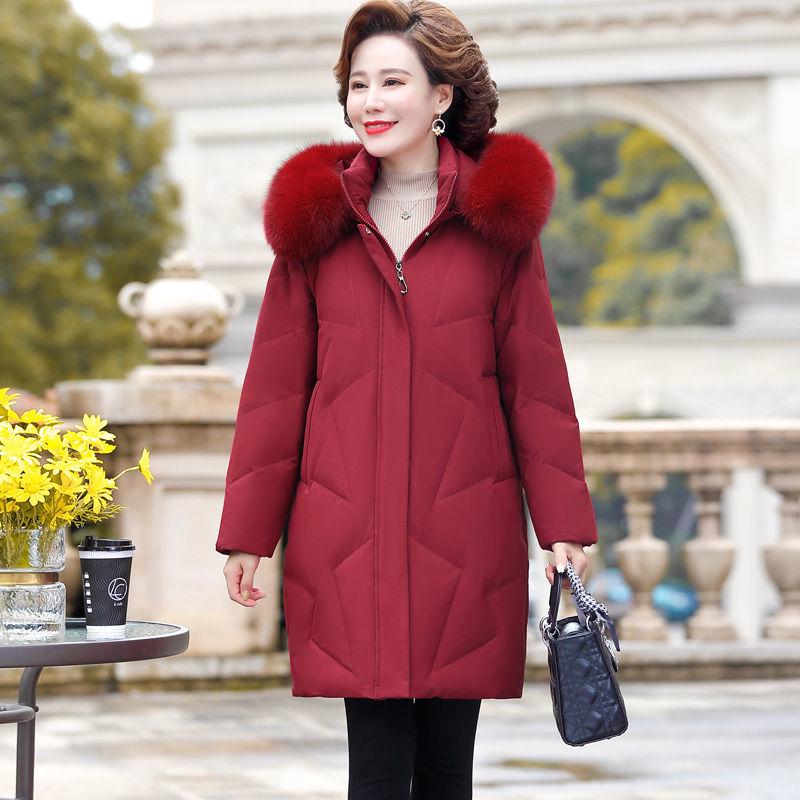 2021 Женский пуховик средней длины в корейском стиле с воротником из натурального меха - Модный для женщин среднего и пожилого возраста