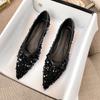Fashion Flat Shoes Women's 2025 New Spring Autumn Pointed Women's Flat Bling Sequins Black Scoop Shoes Large Size Women's Shoes 41-43