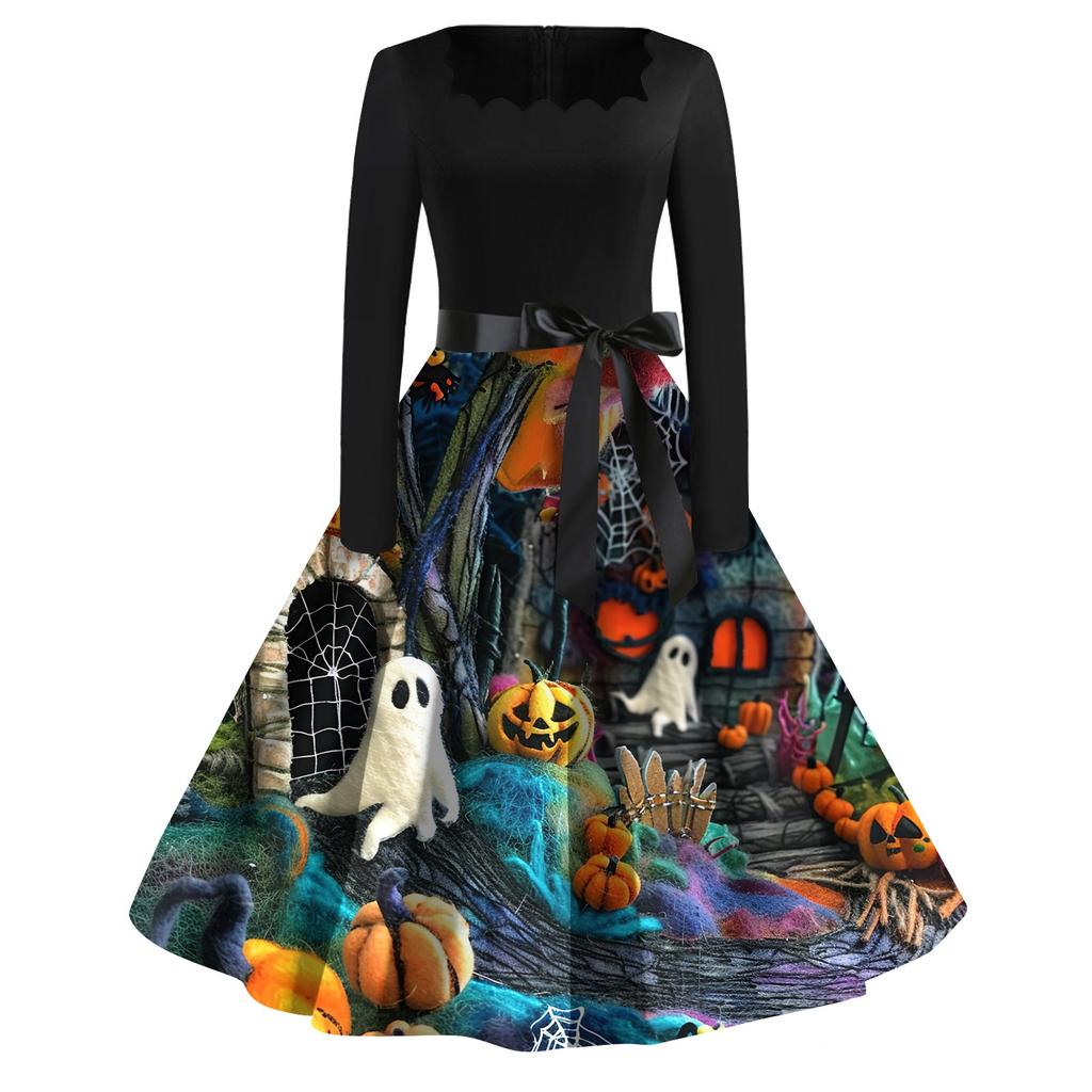 Женское повседневное модное платье винтажного стиля с квадратным вырезом и принтом на Хэллоуин