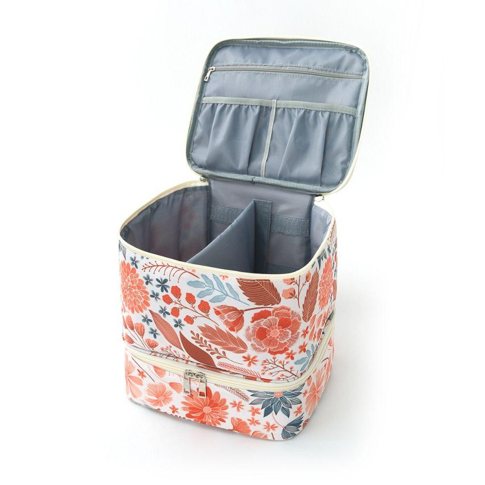 Double Layer Nail Polish Storage Bag Floral Print Large Capacity Essential Oil Bag Detachable with Handle Nail Lamp Case