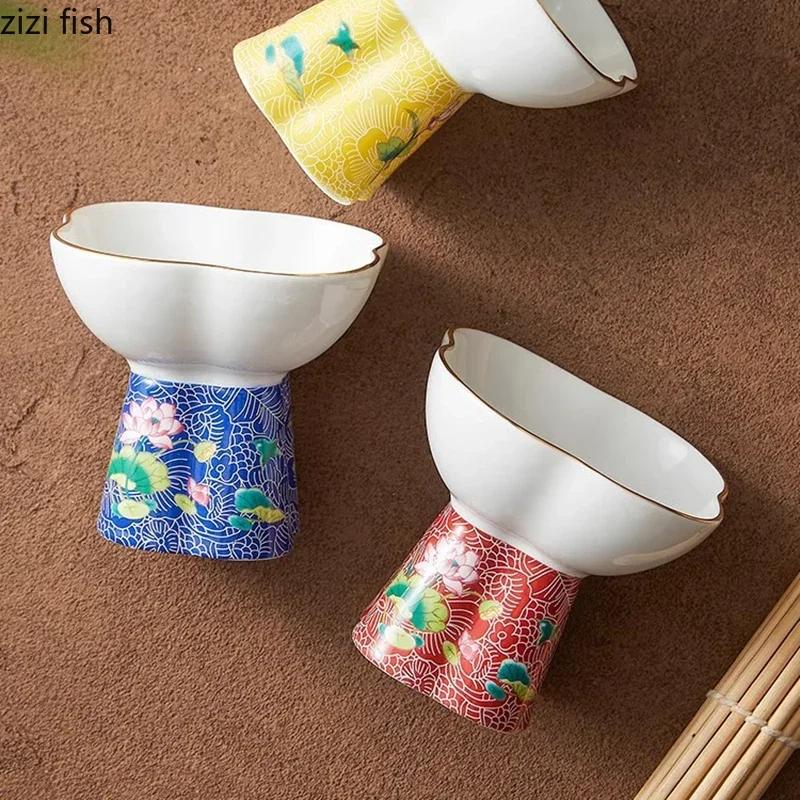 Цветная эмалированная керамическая миска в форме цветка на высокой ножке, миска для дим-самов, десертная миска, миски для суши, креативная посуда для молекулярной кухни