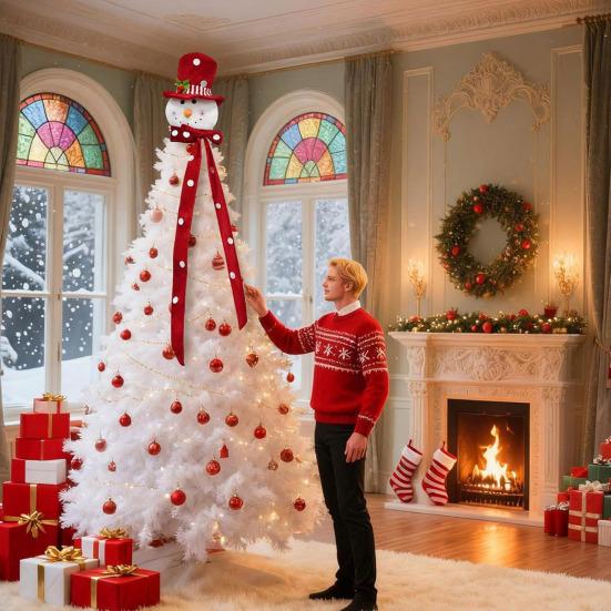 Плюшевый Топпер на Елку Снеговик Рождественское Украшение из Ткани с Праздничной Шляпой Мягкий Сезонный Акцент для Праздничного Дома и Декора для Вечеринки