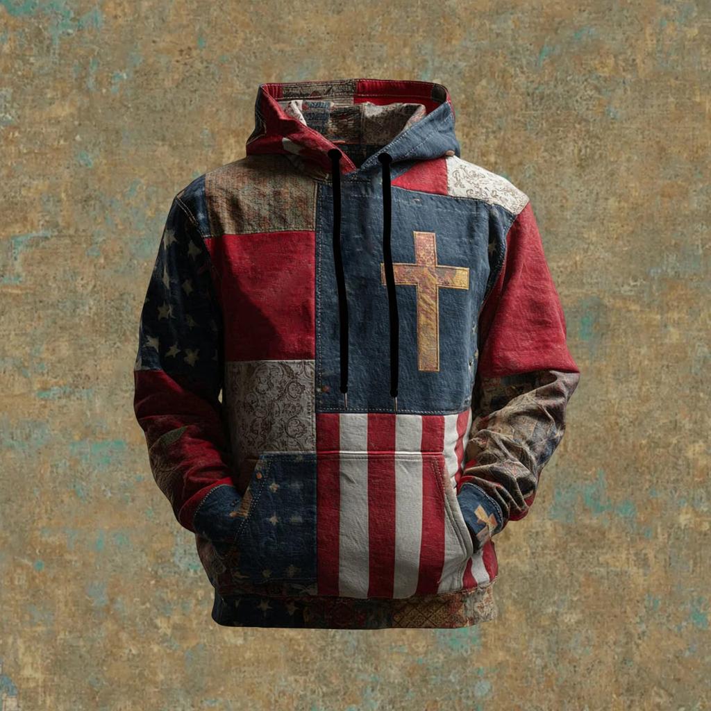 Мужское винтажное повседневное худи с крестом и американским флагом, патриотическая футболка