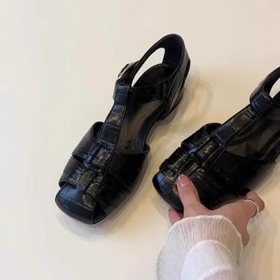 Женские летние ретро-сандалии из овчины, на толстом каблуке, на низком каблуке, туфли-клетка из свиной кожи, полые, повседневные, с закрытым носком
