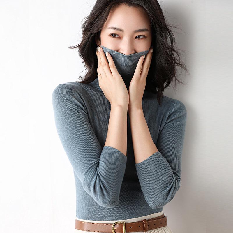 2023 Women's Solid Color Turtleneck Knit Sweater - Slim Fit Stretch Base Layer, Fine Imitation Wool, Stacked Collar for Autumn/Winter