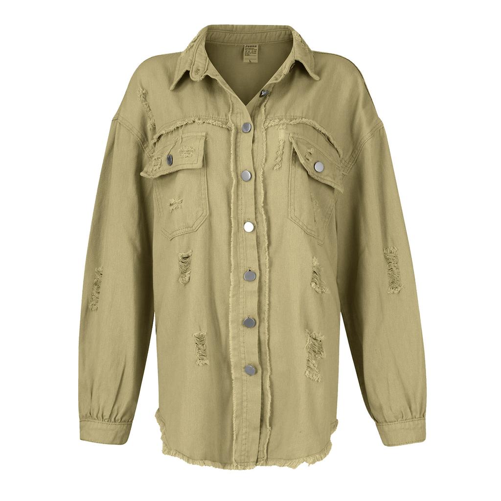 Женская джинсовая куртка, рубашки на пуговицах, потертое пальто с карманами
